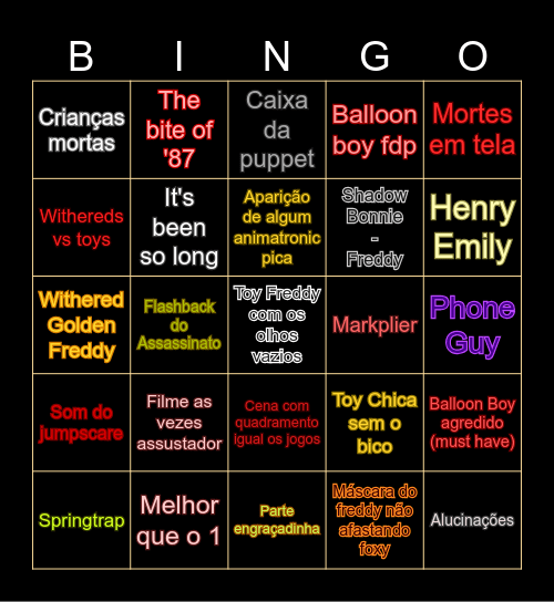 FNAF 2 - Previsão de filme Bingo Card
