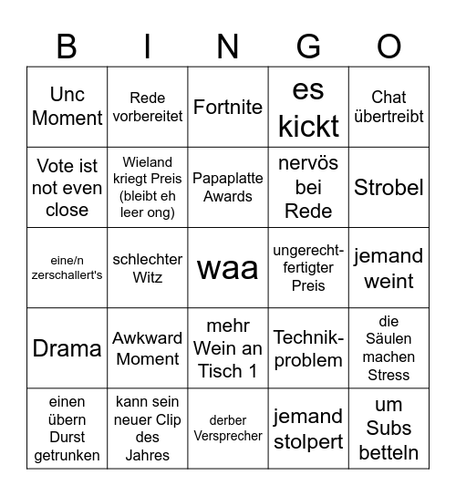 Streamawards Bingo Card