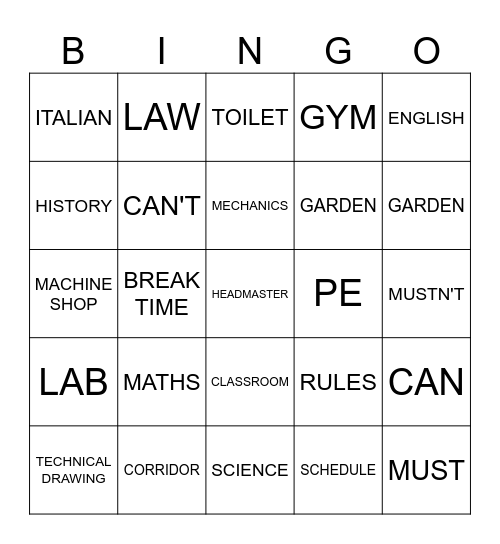 SCHOOL SUBJECTS AND SCHOOL PLACES Bingo Card