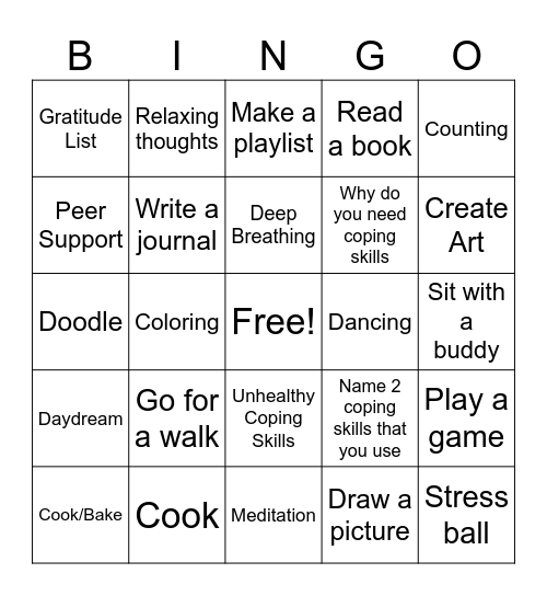 Coping Skills Bingo Card