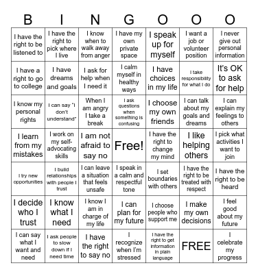 Self-Advocacy Bingo Card