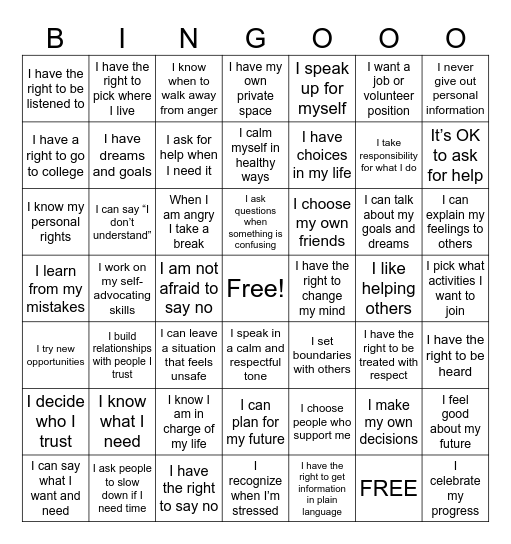 Self-Advocacy Bingo Card