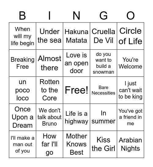 DISNEY SINGO - PROGRESS PLACE Bingo Card