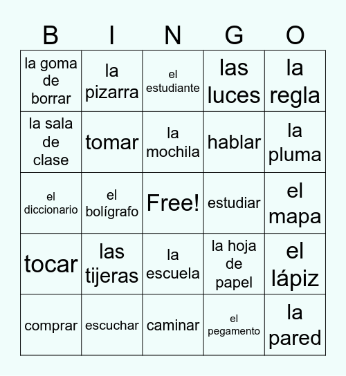 Los materiales escolares y verbos AR Bingo Card
