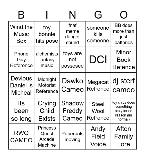 FNAF 2 MOVIE BINGO Card