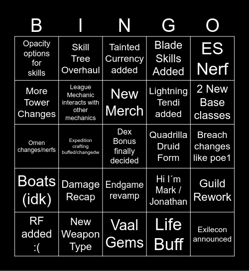 Poe2 Druid Boogaloo Bingo Card