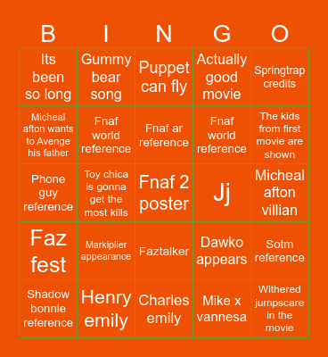 Fnaf 2 movie Bingo Card