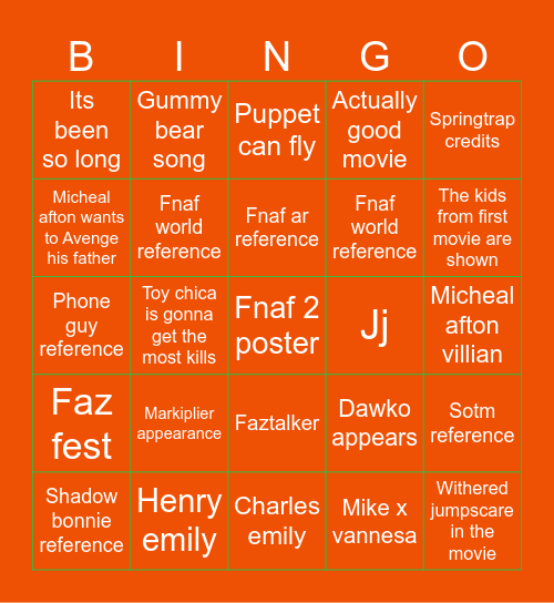 Fnaf 2 movie Bingo Card