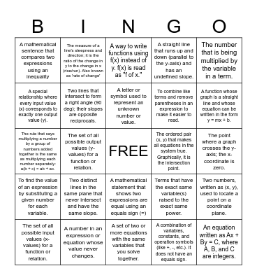 Fall Semester Algebra 1 Bingo Card