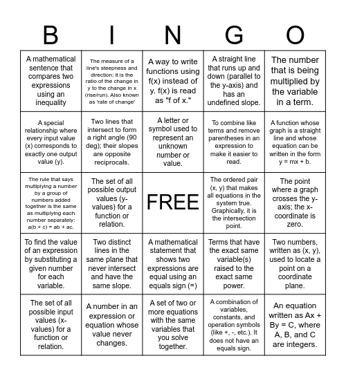 Fall Semester Algebra 1 Bingo Card