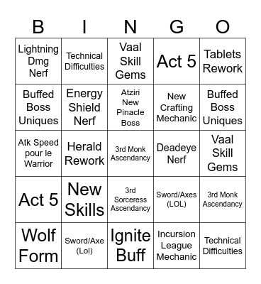GGG Live Druid Bingo Card