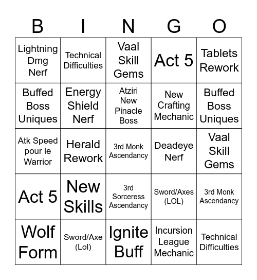 GGG Live Druid Bingo Card