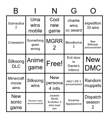 Game Awards Bingo Card