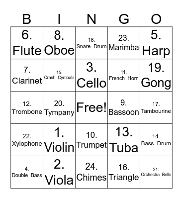 Orchestra Instrument Bingo Card