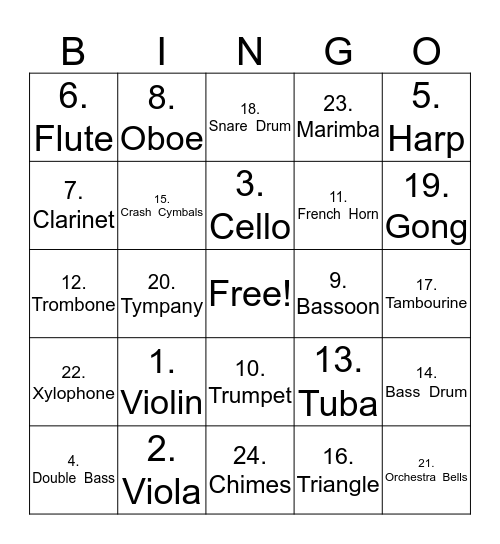 Orchestra Instrument Bingo Card