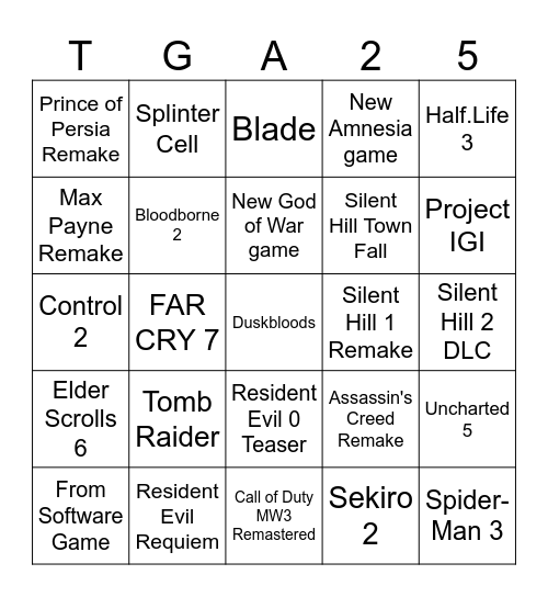 Game Awards 2025 Bingo Card
