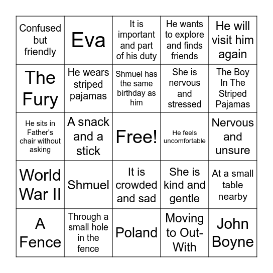 The Boy In The Striped Pajamas Bingo Card