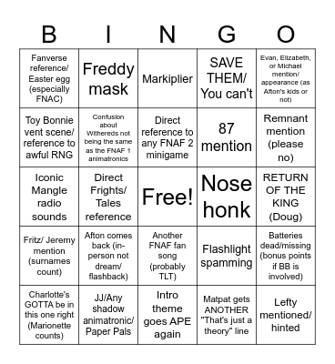 FNAF 2: Animatronic Boogaloo Bingo Card