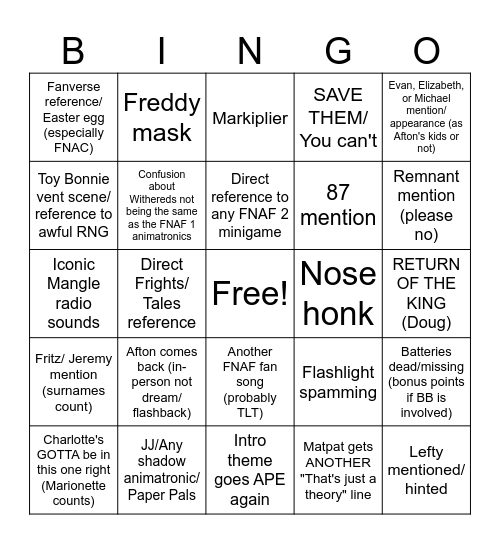 FNAF 2: Animatronic Boogaloo Bingo Card