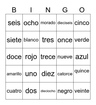 Colores y Numeros Bingo Card
