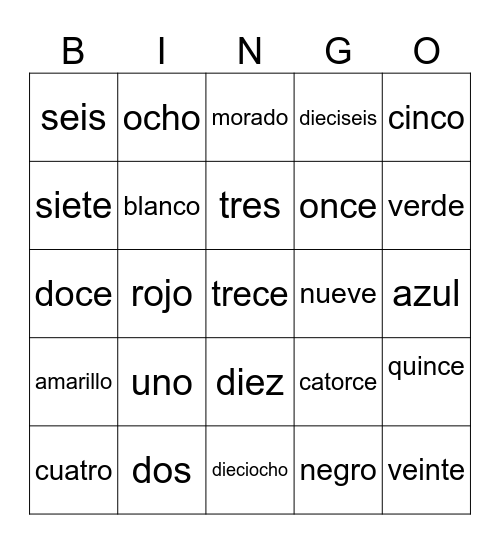 Colores y Numeros Bingo Card