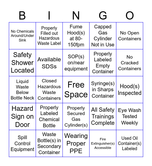 Safety Day Bingo Card