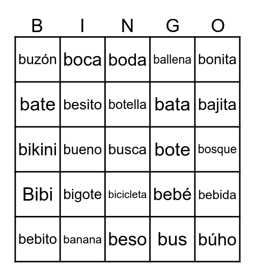 Silabas con B Bingo Card