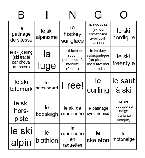 Les sports d'hiver Bingo Card