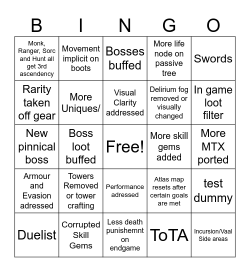 PoE2 0.4 Patch Bingo Card