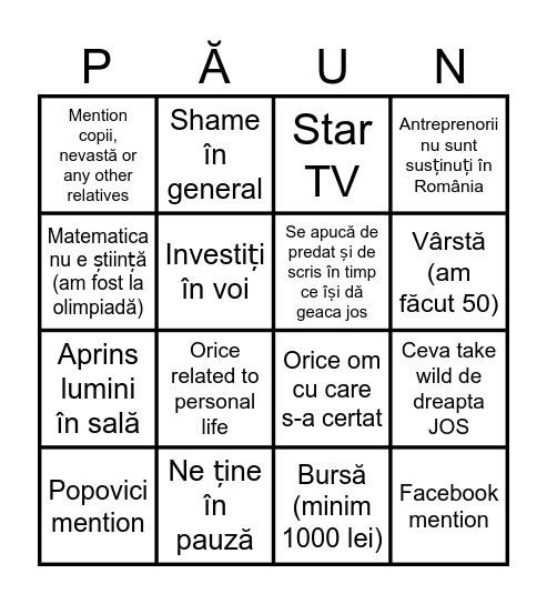 Păun s Bingo Card