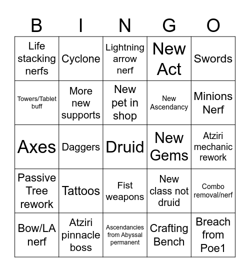 PoE 2 Bingo Card