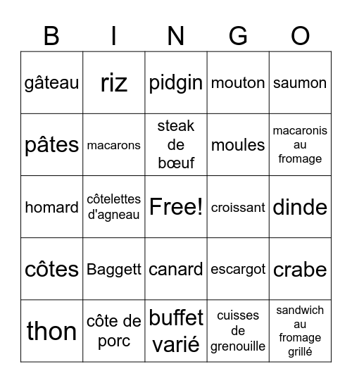 French Cuisine Bingo Card