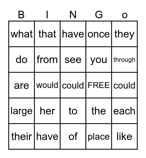 Super Word Bingo Card