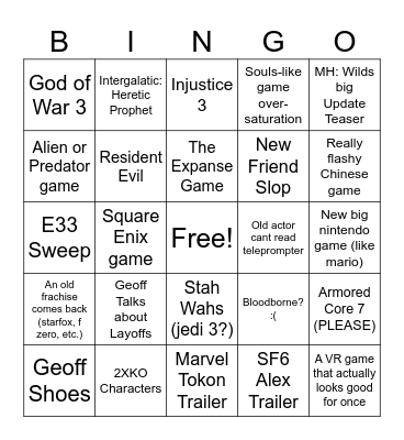 Game Awards 2025 Bingo Card