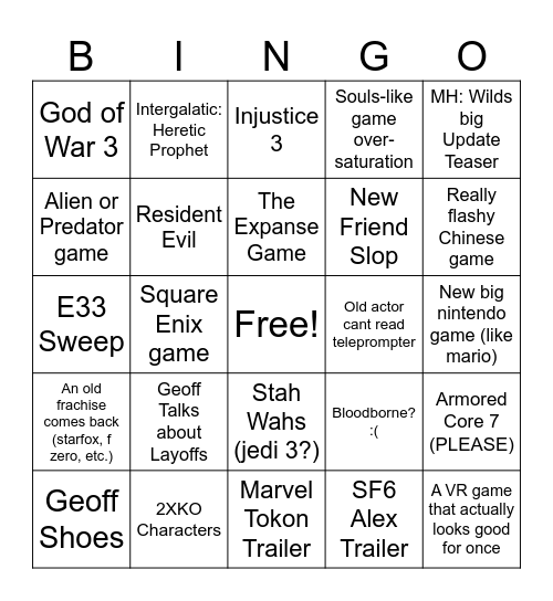 Game Awards 2025 Bingo Card