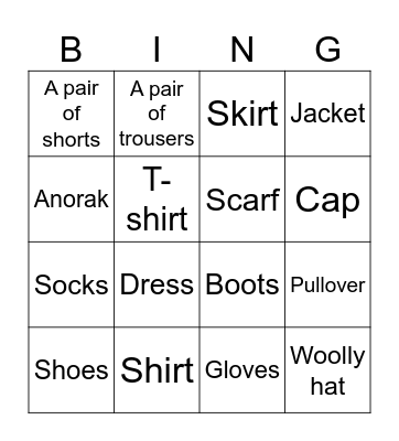 Clothes Bingo Card