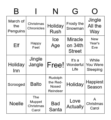 Winter/Holiday Movies Bingo Card