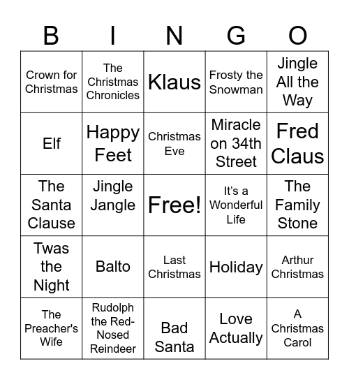 Winter & Holiday Movies Bingo Card
