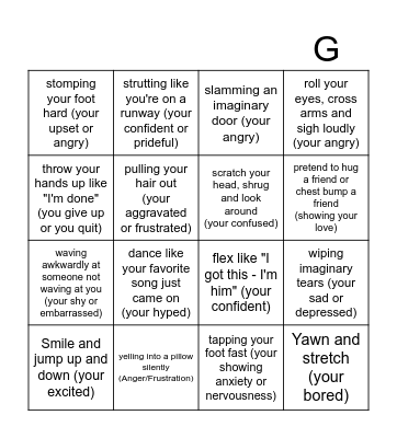 Emotion bingo/Sharades Bingo Card