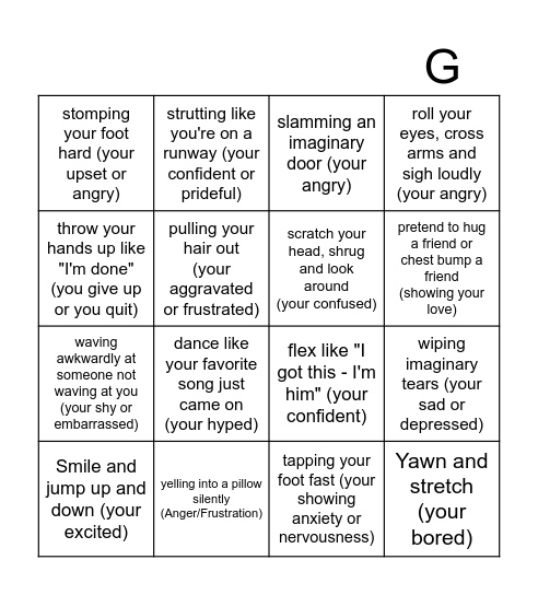 Emotion bingo/Sharades Bingo Card
