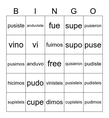 irregular preterite BINGO Card