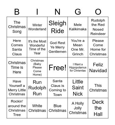 Christmas Songs Bingo Card