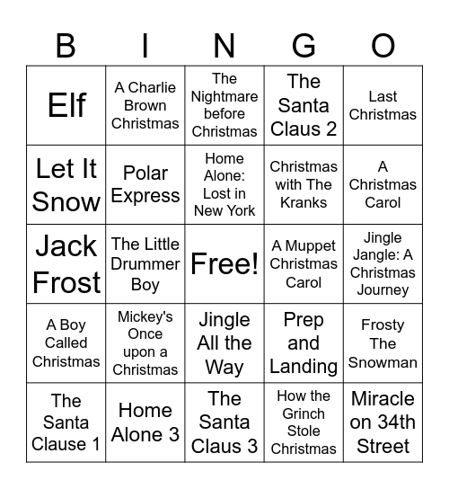 Christmas Movie Marathon Bingo Card