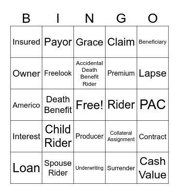 Insurance Terminology Bingo Card