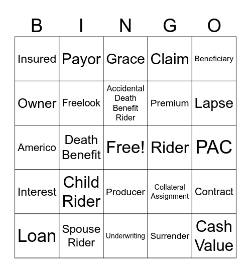 Insurance Terminology Bingo Card