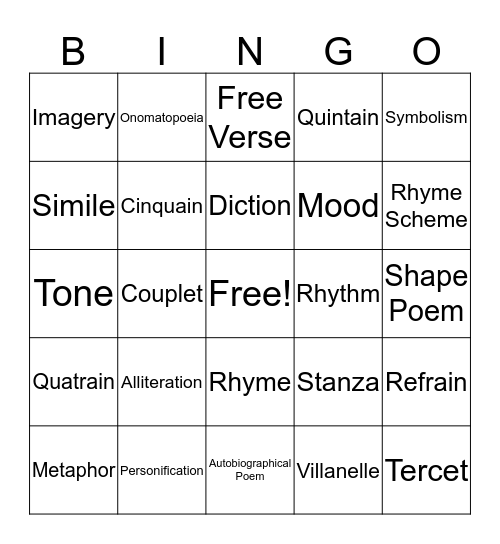 Figurative Language Bingo Card