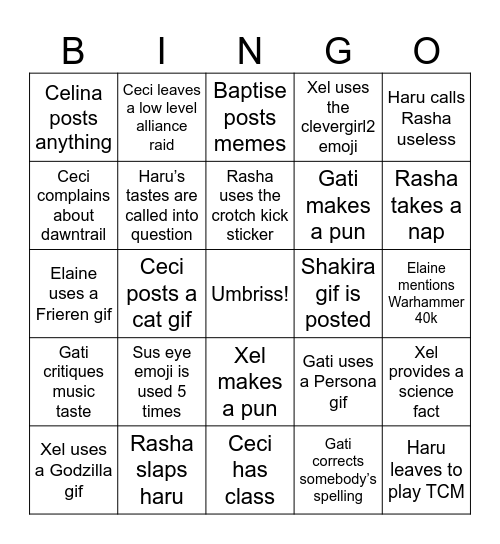 Moogle Mates Bingo Card