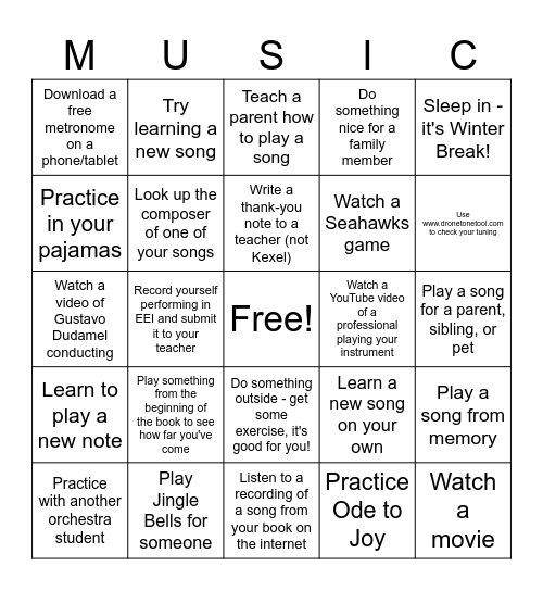 Winter Break Challenge Bingo Card