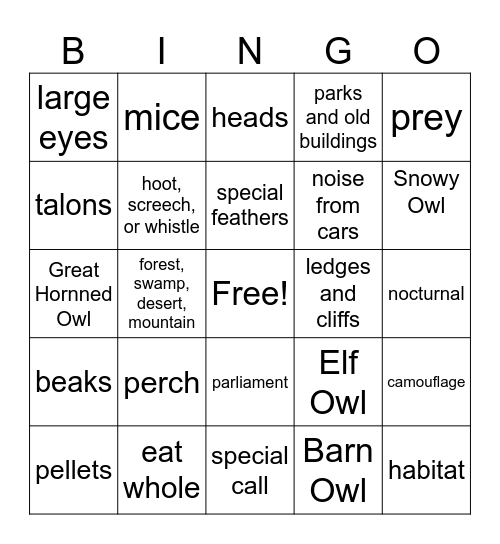 The Owl Bingo Card