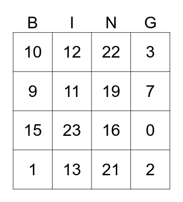 Bingo 0-23 Bingo Card